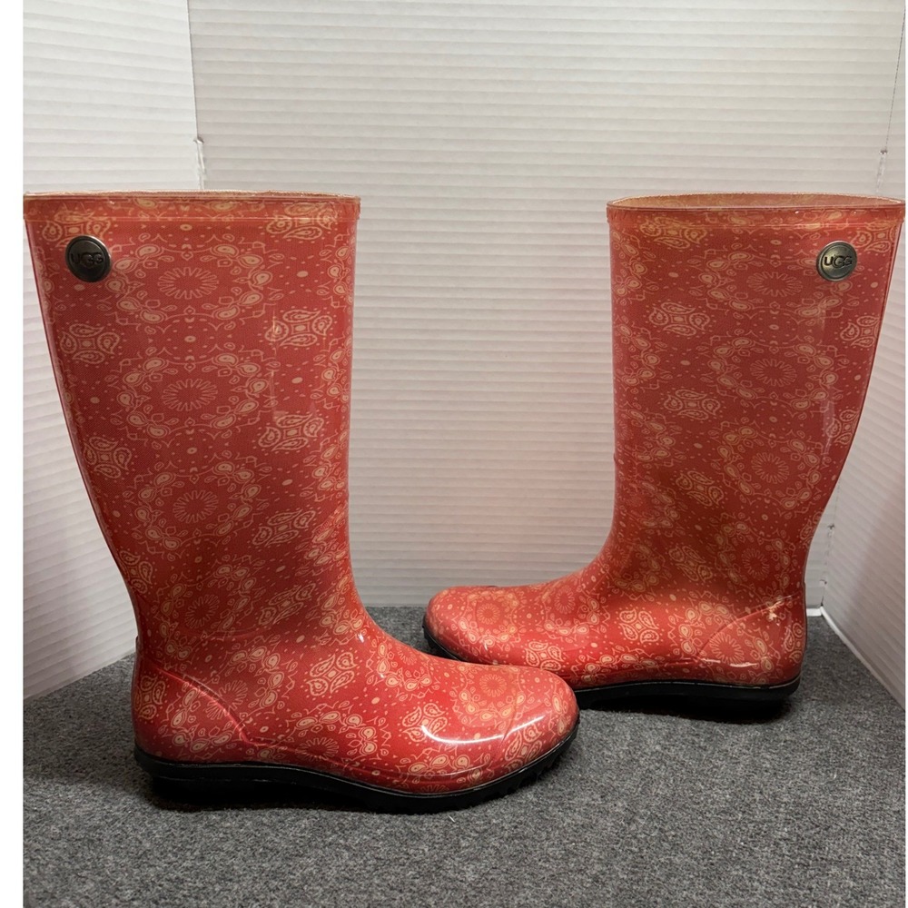 UGG Australia Rain Boots Womens 9 Orange Paisley Bandana Print Tall Rubber Boots
